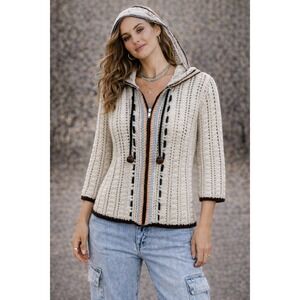 Athleta Hooded Crochet Knit Zip Sweater L Cotton Boho Chic